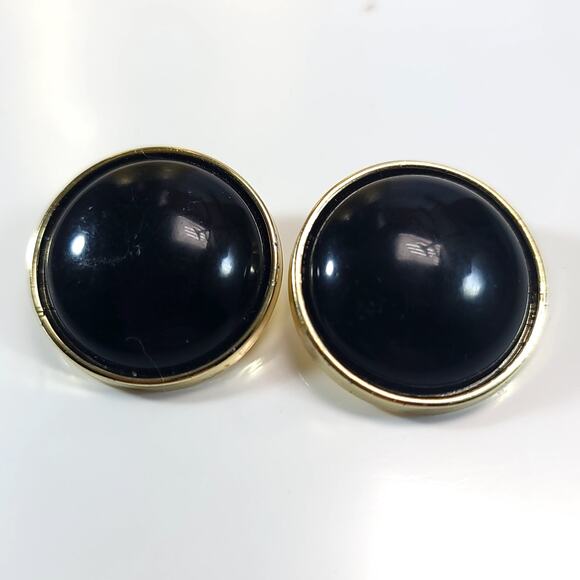 Vintage Black and Gold Clip-On Earrings, Round Domed Design, Retro Jewelry - Picture 1 of 10
